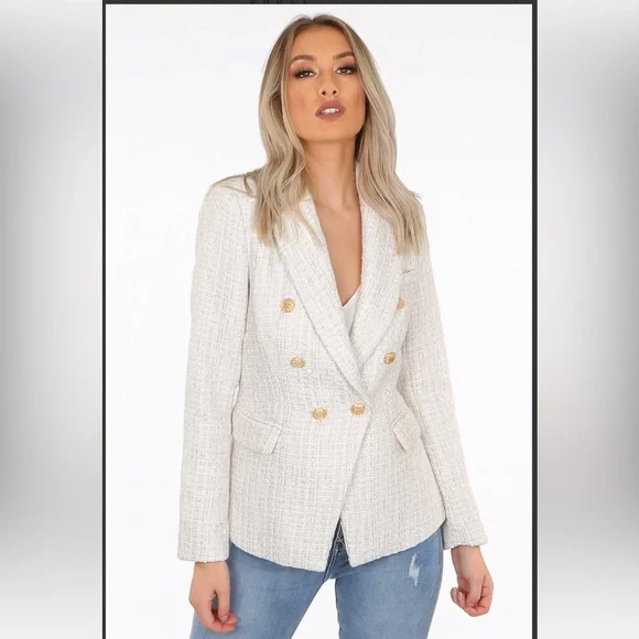 Double-Breasted Cream Tweed Blazer Jacket - Picture 2 of 3